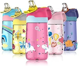 Fjbottle Kids Water Bottle with Straw, BPA Free Leak Proof 450ml Drinking Bottle, Eco Friendly Tritan Sports Water Bottle for Kids, One Click Flip Lid