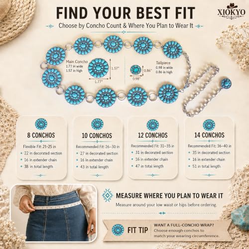 Image of Turquoise Chain Belt for Women, Western Cowgirl Concho Belt | Turquoise Concho Accents with Silver Chains for Western, Cowgirl, Rodeo, Festival and Denim Looks