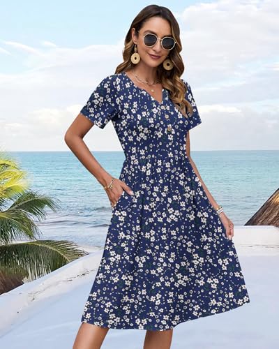 Image of WNEEDU Women V Neck Button Down Empire Waist Midi Summer Dress with Pockets