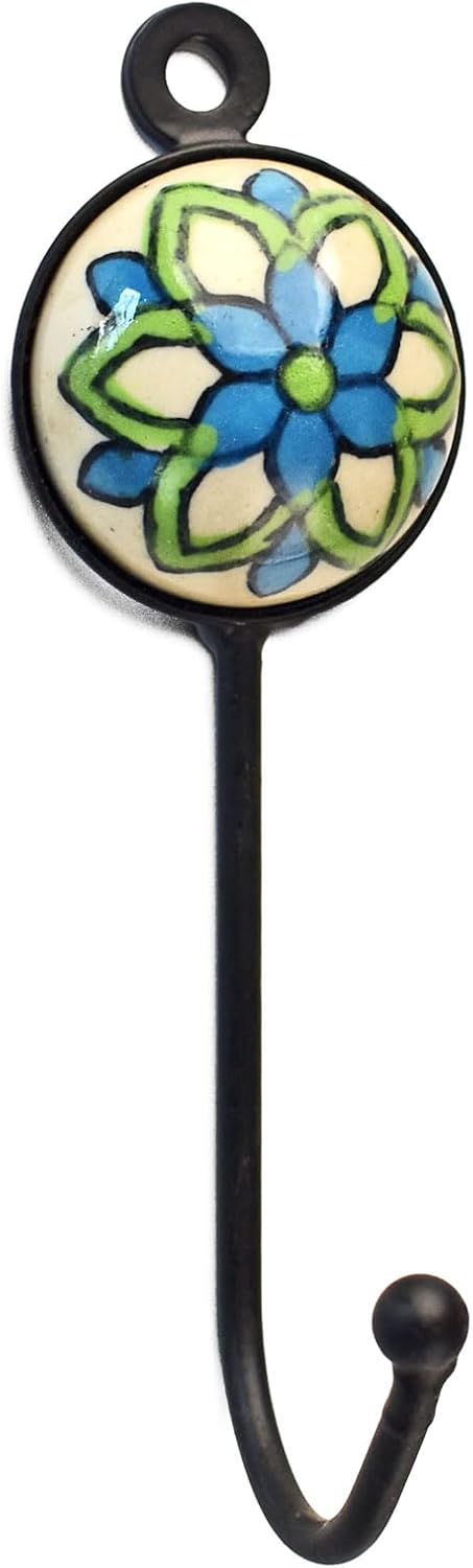 Ceramic Wall Hooks Keys Hanger Ceramic Coat Hooks Towel Hook for Entryway Bathroom Kitchen Home - Set of 2 (Green Blue Floral)