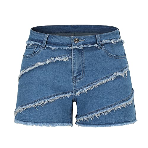 Image of THUNDER STAR Women Mid Rise Ripped Stretchy Jeans Shorts Frayed Raw Hem Casual Denim Shorts