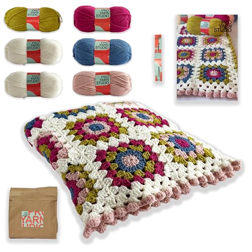 Summer Garden Granny Square Blanket Crochet Kit for Adults, with Yarn, Crochet Hook and Easy to Follow Pattern, Suitable for Beginners