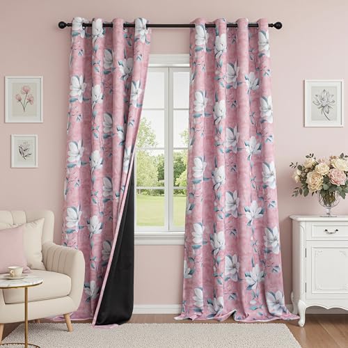 Image of MYSKY HOME Floor to Ceiling Floral Blackout Curtains 96 Inches Long 2 Panels Set for Girls Room - Black Out Thermal Insulated Energy Efficient Cute Spring Flower Printed Grommet, 52 inchW Each Panel, Pink