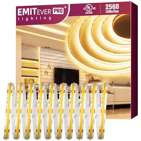 EMITEVER COB LED Strip Lights Warm White, 3000K Tape Light Premium High Density, DC 24V, 360+Lumens/ft, 2560LEDs/Spool, Ra 90+, 16.4ft/5m, UL Listed 5 Year After-Service (power supply sold separately) Cover