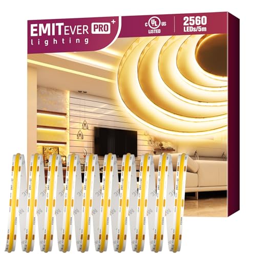 EMITEVER COB LED Strip Lights Warm White, 3000K Tape Light Premium High Density, DC 24V, 360+Lumens/ft, 2560LEDs/Spool, Ra 90+, 16.4ft/5m, UL Listed 5 Year After-Service (power supply sold separately)
