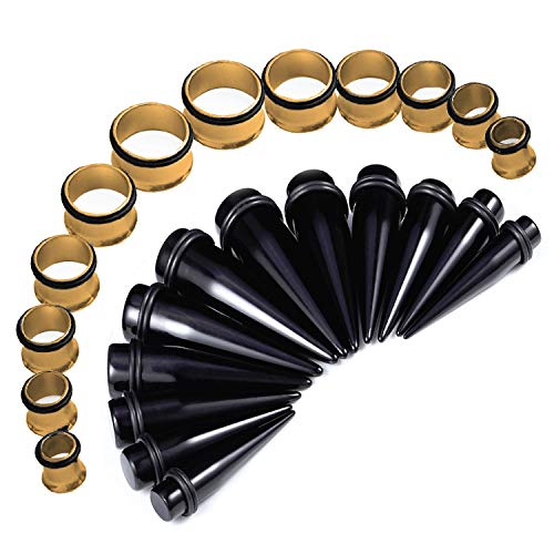 BodyJ4You 24PC Big Gauges Kit Stretching 00G-20mm Black Acrylic Tapers Goldtone Steel Tunnels