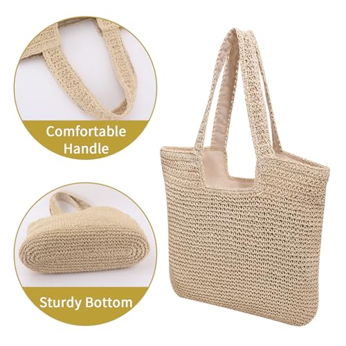 Beach Tote Bag for Women Weaving Casual Retro Bag with Zipper Closure Soft Large Shoulder Handbag Purse for Summer Travel Vacation Shopping Picnic Swim (Beige)3