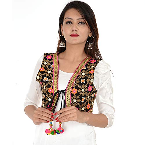 Image of Craft Trade Women's Cotton Embroidered Kutchi Jacket with Tassels Sleeveless Mirror Work