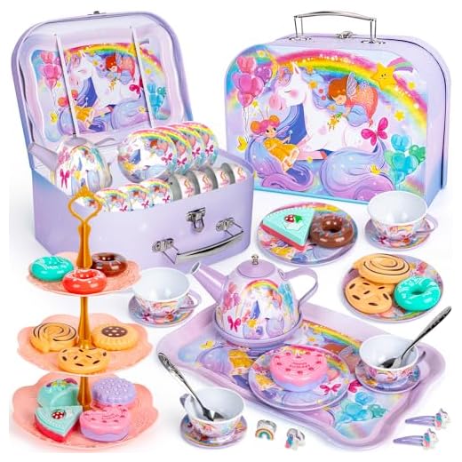 32Pcs Unicorn Tea Party Set for Little Girls Princess Tea Time Toys Playset Including Tin Tea Set Carrying Case Food Sweet Hair Clips and Rings Unicorn Toys Gifts for Kids Age 3 4 5