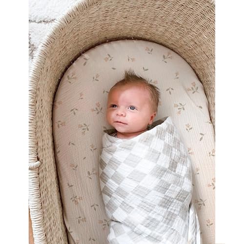 Image of MairMore Muslin Bassinet Sheets for Babies - Soft & Breathable 100% Cotton Fitted Sheets for Oval, Rectangle, Hourglass Bassinet Mattress Pads, 2-Pack (Ivory & Pink)