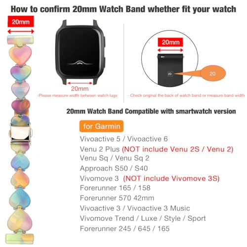 Abanen 20mm Translucent Resin Heart-Shaped lightweight Watch Band Adjustable with Foldover Clasp for Garmin Vivoactive 5 / Venu 2 Plus, Forerunner 165 (Multicolour) by Abanen - Used condition - Image 2