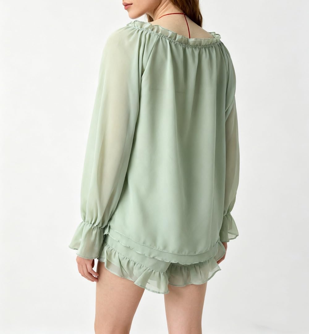 ROAONOCOMO Women Ruffle Pajama Set Long Puff Sleeve Babydoll Shirt Lace Trim Coquette Shorts Set Gingham 2 Piece Pj Outfit - Image 5