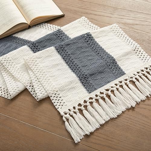 Image of ZeeMart Macrame Style Bicolor Stitching Table Runner, 14 x 60 Inch Charcoal /Ivory, Boho Dark Grey Table Runners 60 Inches Long, Farmhouse Woven Home Decor