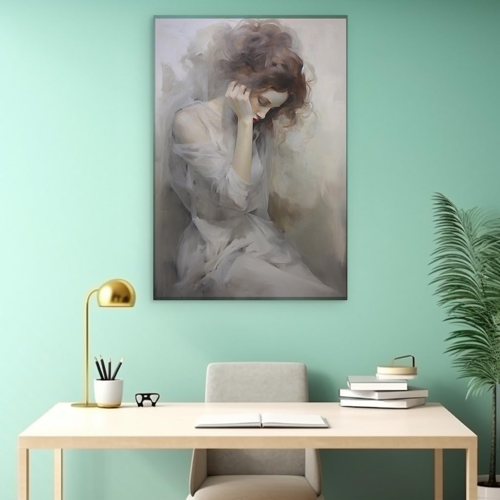 Canvas for Living Room. Contemplative Elegance: A Redheaded Woman's Daydream in Monochrome, 27 x 18 inch Canvas Wall Art - Ready to Hang