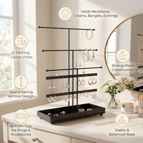 Image of ecofynd 5-Tier Metal Jewelry Organizer Stand with 3 Hanger & 24 Earring Holes,16-Inch Holder for Earrings, Necklaces, Bracelets & Rings, Space-Saving Display for Vanity & Dressing Table (Black, JS011)