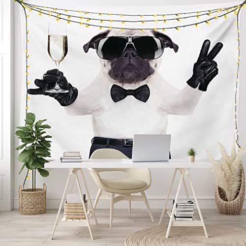 Ambesonne Pug Tapestry, Pug With Champagne Glass And Peace Sign Cool Looking Dog Celebration Animal, Wide Wall Hanging For Bedroom Living Room Dorm, 80" X 60", Black White Cream #TOP6