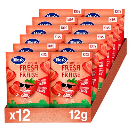 Hero Kids Snack Chips de Fresa, 100% fresas, sin azúcares añadidos, fuente natural de fibra, Apto Para Niños a Partir de 36 Meses - Pack de 12x12gr