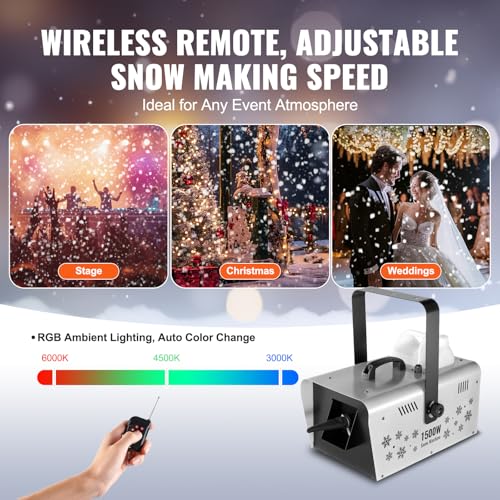 vevor snow machine 1500w snow maker machine with 2 remotes control and 5l large capacity water tank high output snowflake maker stage snow effect for christmas halloween wedding dj parties