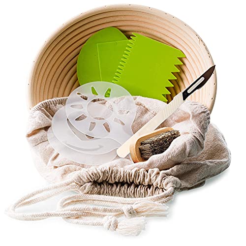 9 inch Proofing Basket for Bread, Sourdough Bread Baking Supplies, 7 Pack of Banneton Bread Proofing Basket Set: Artisan Banneton Bread Basket Proofing Round, Lame Bread Tool, 3 Piece Bread Stencils, 3 Bread Scraper Set, Basket Bread Cloth, Linen Bre