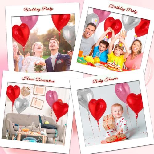 Image of 50 Pcs Red Pink Silver Rosered Heart Balloons,5 Inch and 10 Inch Heart Foil Balloons Love Balloon Valentine Balloon for Birthday Party Wedding Engagement Party Baby Shower Valentine Day Decorations