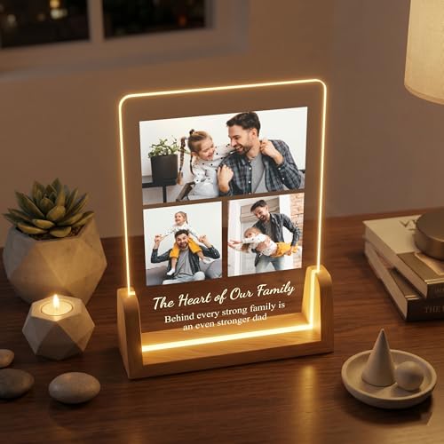 Image of Giftplease Personalized Fathers Day Rectangular Acrylic Wood Tabletop Photo Frame | Custom Picture Layout Warm Led Light Base Desktop Night Decor Standee for Dad Papa Husband Stepdad Grandfather