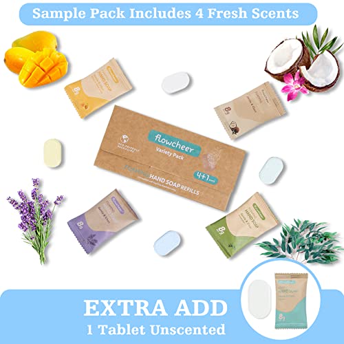 Flowcheer Foaming Hand Soap Tablet Refills-Sample Pack Hand Wash 5 Tablets-Zero Waste Eco Friendly Cleaning Supplies-Fills 5 X 8 Fl Oz Refillable Foam Dispenser(40 Fl Oz Total) #TOP1