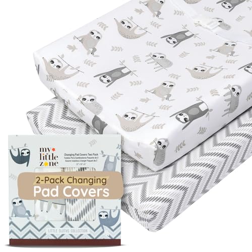 Image of Baby Changing Pad Covers Table Sheet 32 inch x 16 inch, 8 inch Deep Pocket - Diaper Changing Pad Cover, 100% Cotton Chevron & Sloth Baby Sheets for Girl & Boy, 2 Pack, Designed in France, White-Grey