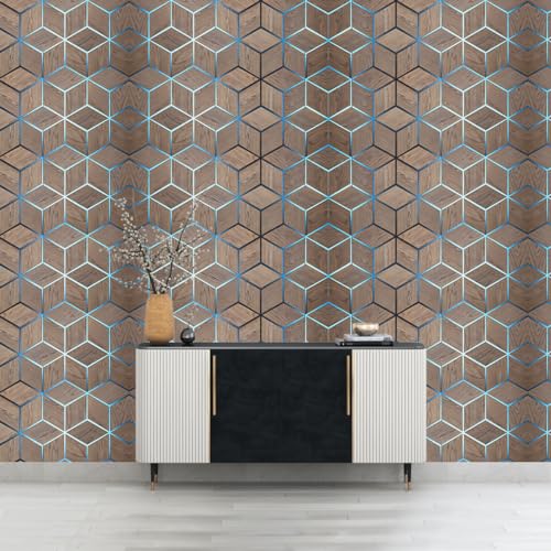 Image of DWELLSINDIA 3D Wood Geometric Pattern Self Adhesive Wallpaper Waterproof, Scratch Resistant, Laminated (244cmx41cm, Brown)