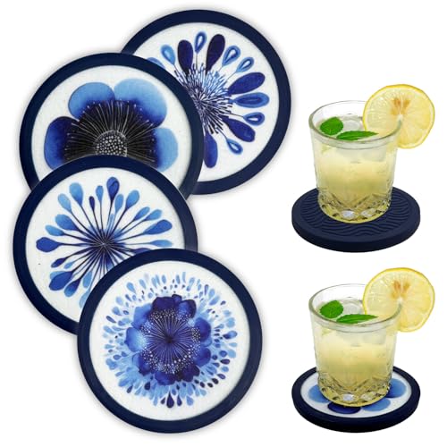 50% Off Indigo Floral Non-Slip Silicone Coasters, 4-Pack