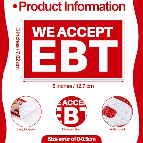 Humyoun 24 Pcs 3x5 Inch We Accept EBT Stickers Decals Waterproof Business Electronic Benefit Transfer Outdoor Store Door Window Decals for Businesses Organizations Groceries EBT Payment, Red