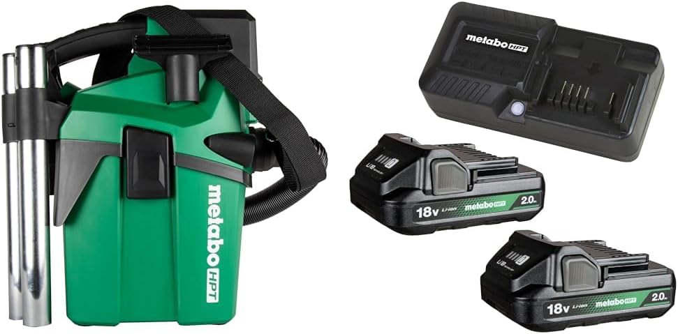 Bundle of Metabo HPT 18V MultiVolt™ 1.6 Gallon Compact Wet/Dry Vacuum | Tool Only - No Battery | RP18DAQ4 + Metabo HPT 18V 2-Pack Batteries and Charger Kit | UC18YKSLS