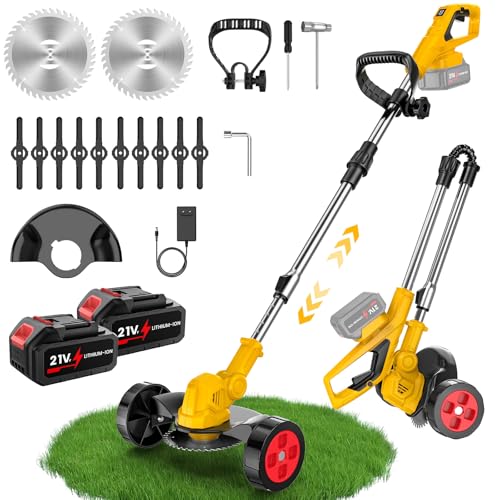 Debroussailleuse Electrique sans Fil, 21V Coupe Bordure sans Fil avec 2 Batteries, Débroussailleuse Batterie Pliable et 2 Types de Lames, roulettes Amovibles,...