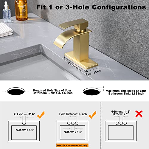 Waterfall Spout Bathroom Faucet - Brushed Gold Bathroom Sink Faucets, Single Handle Washbasin Faucet, 1 Or 3 Hole Deck Mount Mixer Faucet, Stainless Steel Lavatory Tap #TOP1