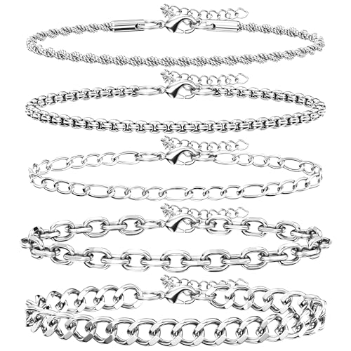 5PCS Stainless Steel Bracelets for Men, Silver Gold Black Sturdy Cuban Link Box Rope Chain Paperclip Figaro Bracelet for Women Men Jewelry Set