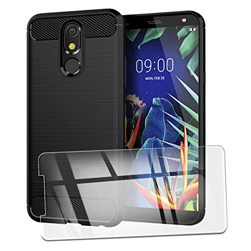 QFSM Funda + Cristal Templado para LG K40 Silicona Carcasa TPU Anti-Knock Fibra de Carbono Cover Case, HD Película Protectora Cristal Templado Pantalla Glass