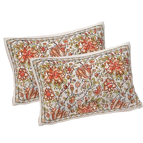 Image of Living Roots Jaipuri Hand Block Print Double Cotton Bedsheet & 2 Pillow Covers, for Mattress Upto 8 inches Thick, No Colour Bleeding, Orange Colour, Super King Size 96 * 104 inches, 150TC (580-A)