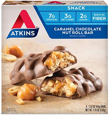 Atkins Snack Bar, Caramel Chocolate Nut Roll, Keto Friendly, 1.55 Ounce (5 Bars)