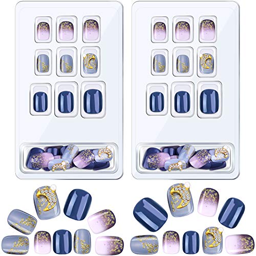 48 Pieces Glossy False Nails Oval Rhinestone Moon Studs Fake Nails Full Cover Gradient False Nails with Glue and Nail File for Women Girls DIY Nails