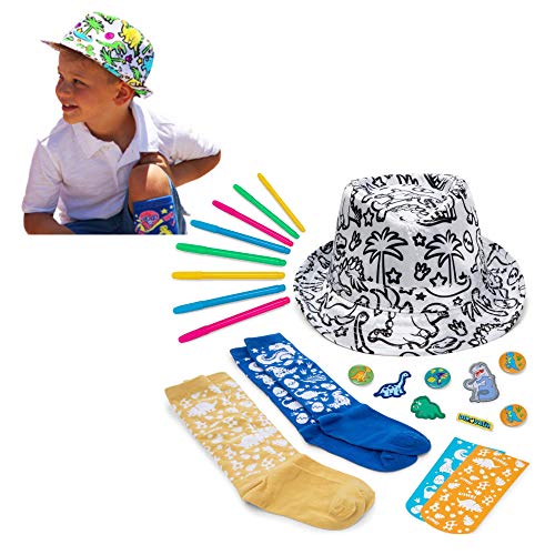 CR8 OUTLET Color Your own Dinosaur Boys Fedora hat and Bonus Doodle Socks. Quality DIY STEM Craft Kits for Boys Ages 6-7-8-9-10-11-12 Years Old Arts and Crafts Toys Birthday Gift Projects