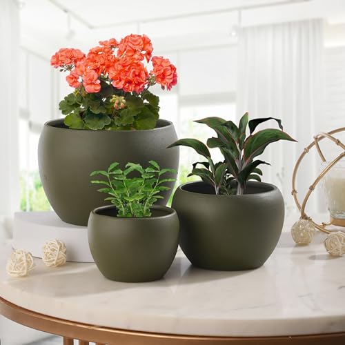 Image of Elegant Green Matte Finished Tabletop Planters Pots for Plants Flowers, Living Room Drawing Room Balcony Office Decoration Ideas for Plants Set of 3 (Plants not Included)