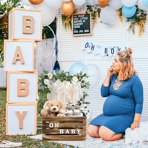 Image of Barydat Wooden Baby Crate Closet, Baby Basket with Handle and Garland Storage Hamper Shower Wooden Gift Crate Letters Self Adhesive for Pregnancy New Parent(Dark Walnut)