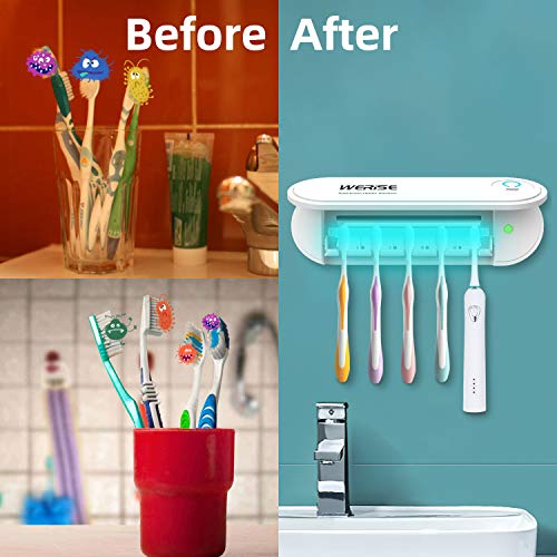 UV Toothbrush Holder Wall Mounted,5 Toothbrush Sterilizer Holder Ultraviolet Light Sterilization & Drying Function with Two Stickers for Women Kids Baby Bathroom,USB Charging Equipped with Adapter - Thumbnail 3