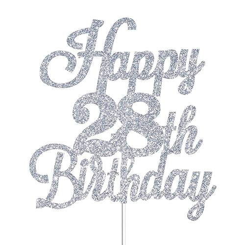 Happy 28th Birthday Cake Toppers Silver Glitter, Cheers to 28 Years Old Bday Decoration 28th Anniversary Cake Topper, Twenty-eight Theme Cake Decorations for Birthday Anniversary Party