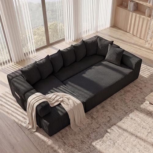 Image of Oversized Cloud Boneless Couch with Chaise, 146 inch Modern U Shape Modular Deep Seat Sectional Sofa, Comfy Corduroy Upholstered Couches for Living Room, No Assembly Required-Black