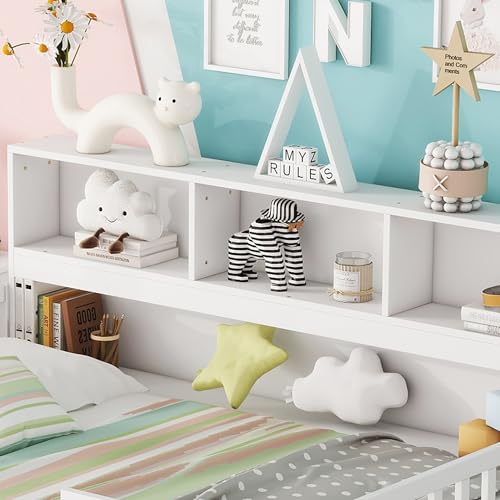 Kids-Montessori-Floor-BedFull-Size-Floor-Bed-with-Bookcase-and-ShelvesFull-Bed-Frame-with-Guardrails-for-KidsGirlsBoysFullWhite Kids Montessori Floor BedFull Size Floor Bed with Bookcase and ShelvesFull Bed Frame with Guardrails for KidsGirlsBoysFullWhite