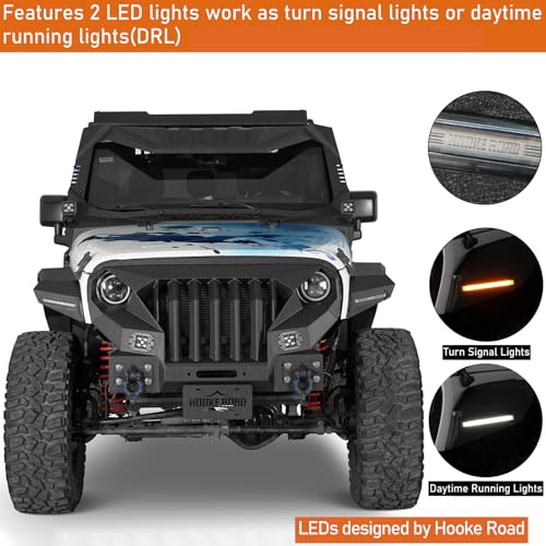 Image of Hooke Road JK 8.7 inch Wide Flat Fender Flares Kit for 2007-2018 Jeep Wrangler JK & Unlimited 2 /4 Doors, 4PCS Off-road Fenders w /Lights