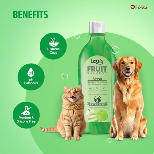 Image of Lozalo Fruit Pet Shampoo 400 ml, Combo Pack of 2x200 ml, Apple,Anti-Fungal, Anti-Itching pH Balanced Paraben Free Conditioning Shampoo for Dogs & Cats of All Breeds,Brightening with Shikakai Extract