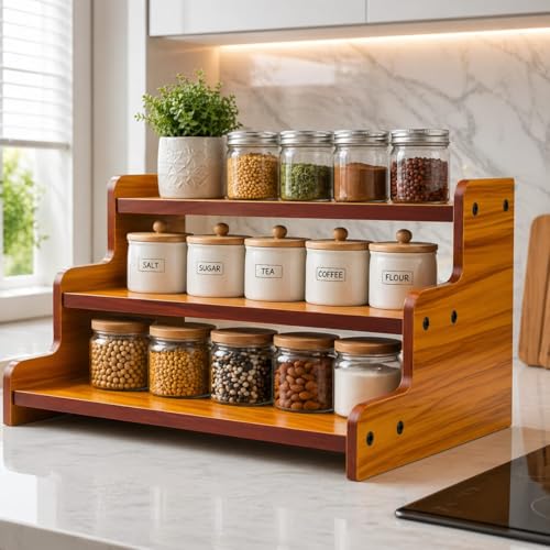 Image of SAFAK 3-Tier Spice Rack, 13.8 Inch Wood Step Shelf Countertop Spice Storage Holder, Kitchen Pantry Cabinet Organizer Cupboard for Spice Bottles, Jars, Seasonings, Baking Supplies,