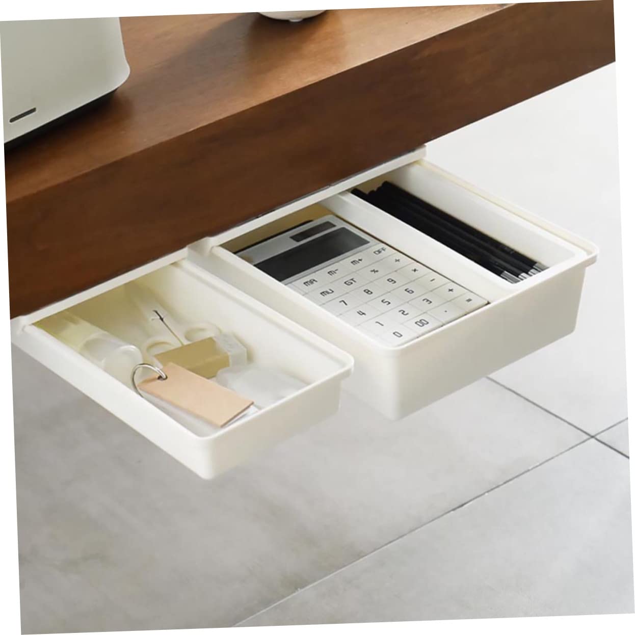 Homoyoyo 2 Cajas Organizadoras de Color Blanco para Debajo del Escritorio Diseño de Cajón, Material Abs y Pp Resistente, Capacidad para Bolígrafos y Pequeños Objetos, Ideales para Oficina