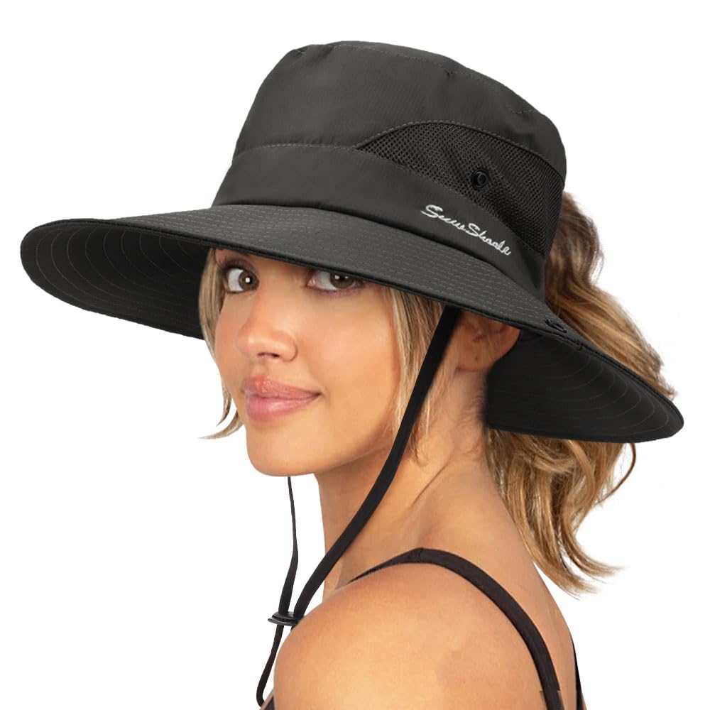 DRESHOW Women Sun Hat Outdoor UV Protection Hat Foldable Mesh Wide Brim Fishing Ponytail Beach Bucket Hats